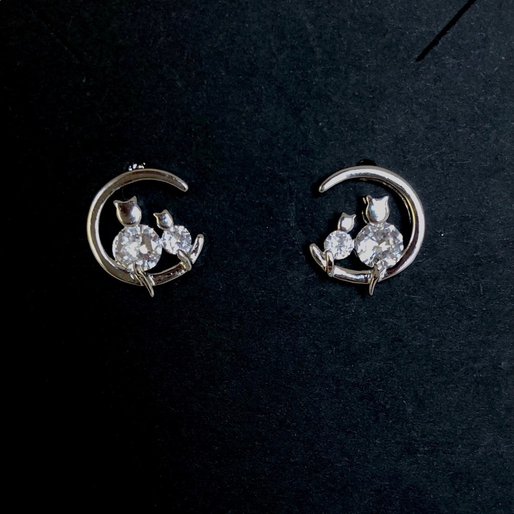 Cats on Moon Cubic Zircon Silver stud earrings